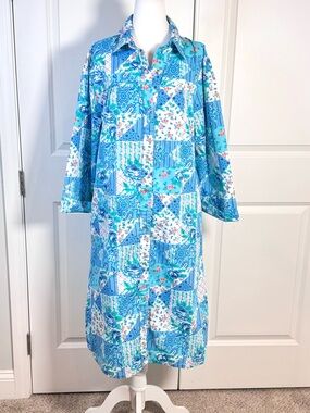Models Coat Patchwork Floral Shirt Dress 12 Blue Snap Front Cottage Pockets